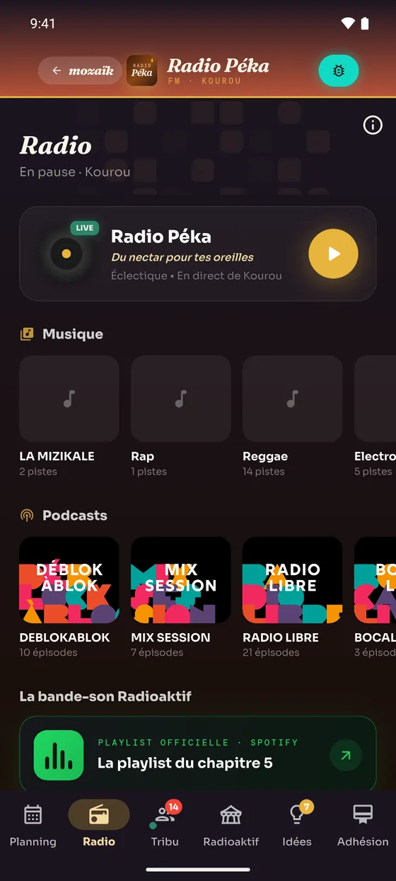 L'onglet Radio de Radio Péka : le direct, les playlists, les podcasts et la bande-son de Radioaktif.
