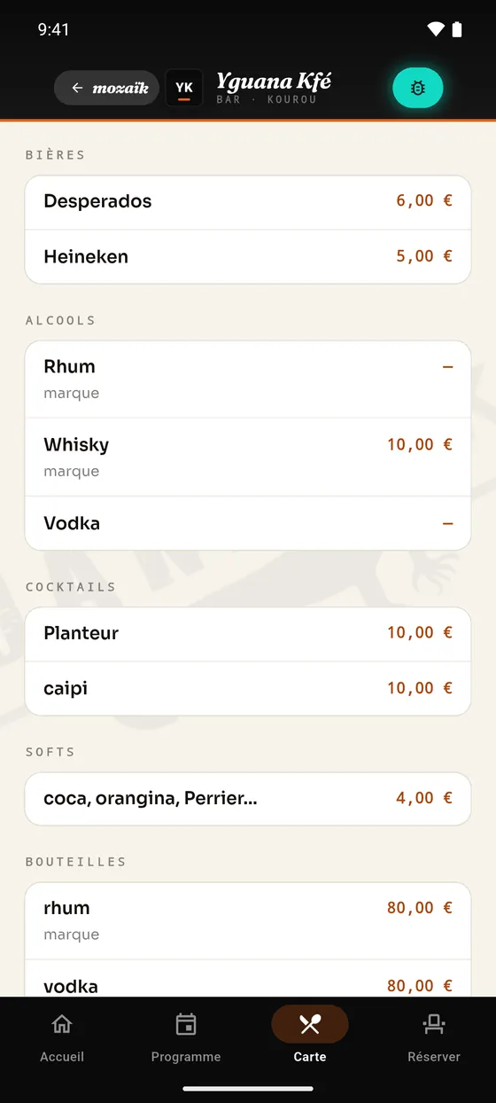 La carte des boissons d'Yguana Kfé, avec les prix.