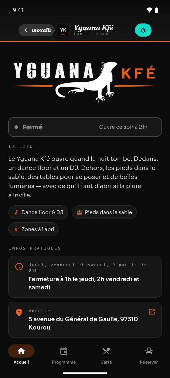 L'accueil de la tuile Yguana Kfé : ouvert ou fermé, le lieu, les horaires et l'adresse.
